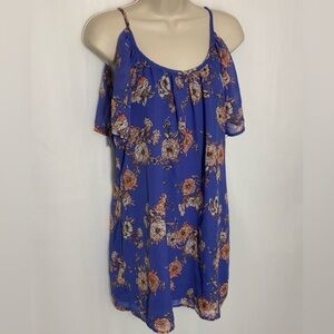 Bailey Blue, blue and peach floral off the shoulder baby doll dress